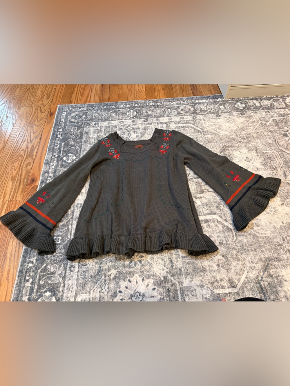 Floral-Embroidered off shoulder Ruffle-Hem Crewneck Sweater